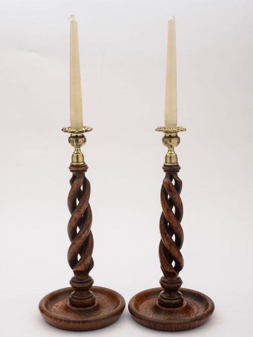 Gorgeous Pair Oak Open Twist Candlesticks Circa 1920