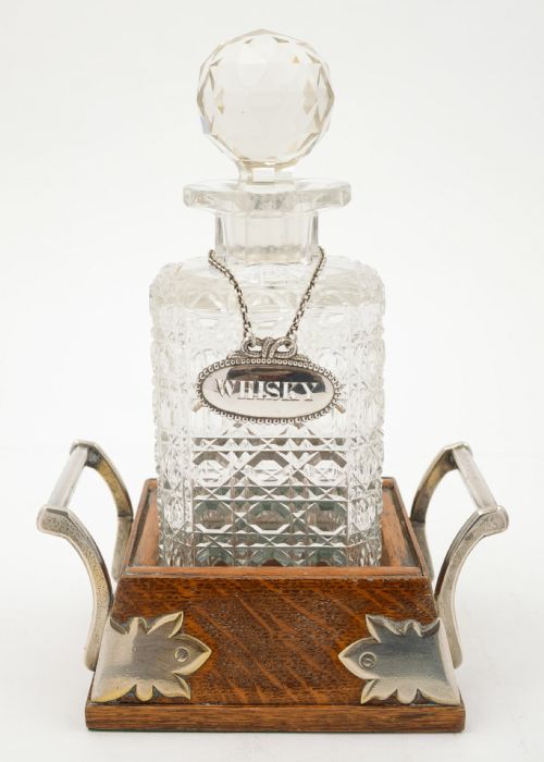 Super Edwardian Cut Glass Decanter in Oak Stand 1905