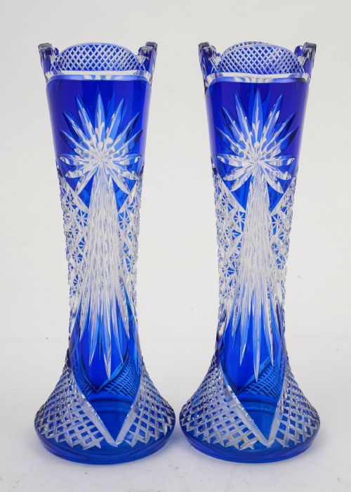 Pair of Gorgeous Edwardian Blue Overlay Vases - Circa 1905