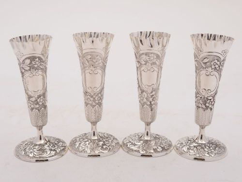 Gorgeous Set of 4 Silver Plated Victorian Posey Vases - Circa 1890