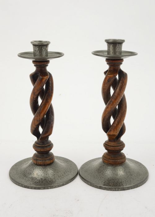 A Nice Pair of Liberty Pewter & Oak Candlesticks - Circa 1920
