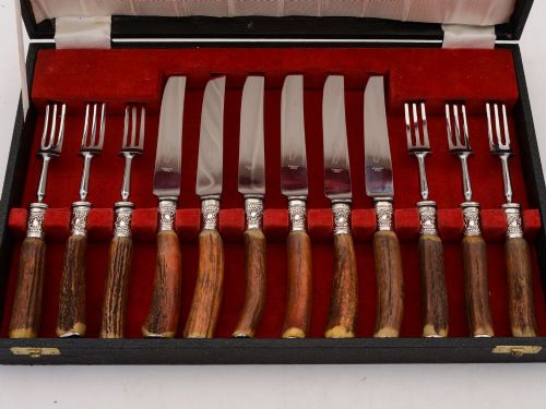 fig 1. Superb Antler Handled Steak Set - circa 1960
