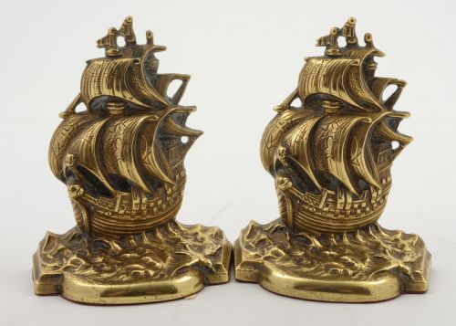 Unusual Pair Cast  Brass Elizabethan Galleon Bookends