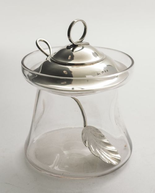 fig 1. Nice Silver Topped Jam Pot & Spoon - London 1920