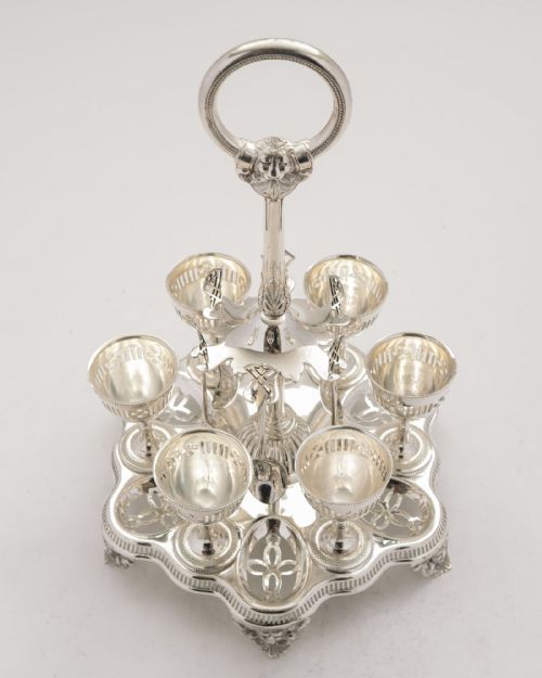 Gorgeous Victorian Silver Plated 6 Piece Egg Cruet - 1868