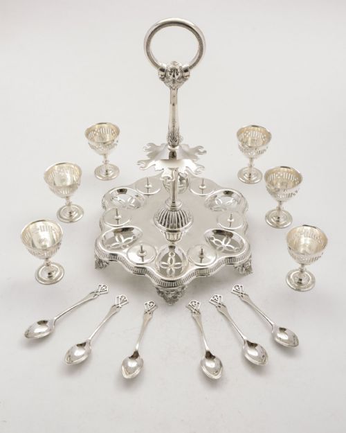 fig 1. Gorgeous Victorian Silver Plated 6 piece Egg Cruet - 1868