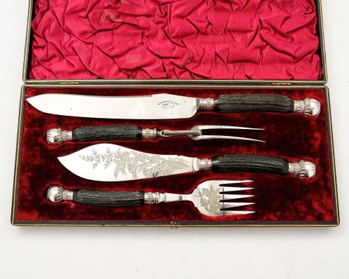 Super Victorian Antler Handled  Carving & Fish Set - Sheffield 1890