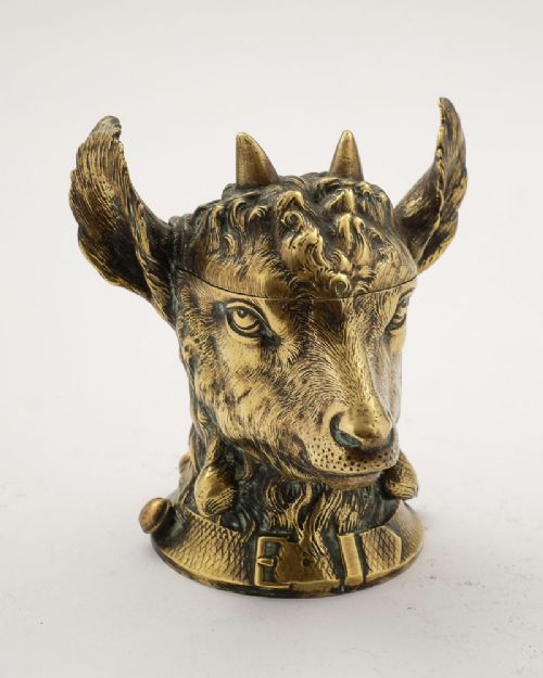 Unusual Victorian Brass Goats Head Ink Pot - Circa 1880
