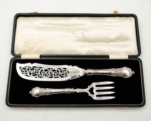 Lovely Victorian  Cased Silver Plated Fish Serving Set  - Circa 1880