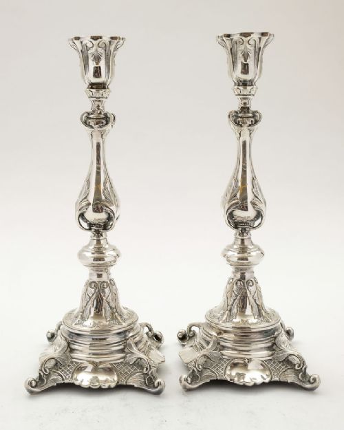 Elegant  Pair Large Silver Plated Polish Candlesticks - Circa 1880