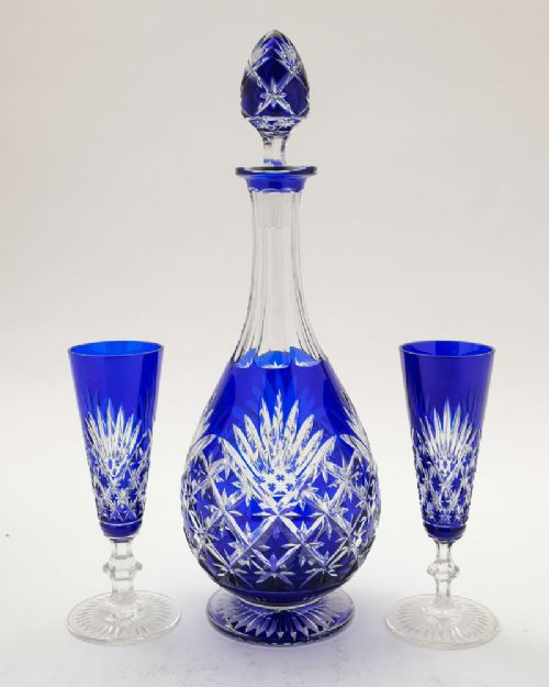 Fabulous Edwardian Blue Overlay Decanter with 2  Matching Glasses - Circa 1905