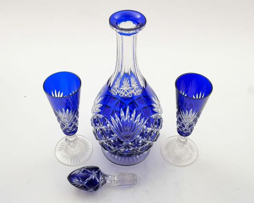 fig 1. Fabulous Edwardian Blue Overlay Decanter with 2  matching glasses - circa 1905