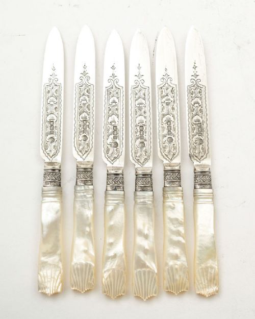 fig 1. Beautiful Silver & Mother of Pearl Dessert Knives - Sheffield 1902