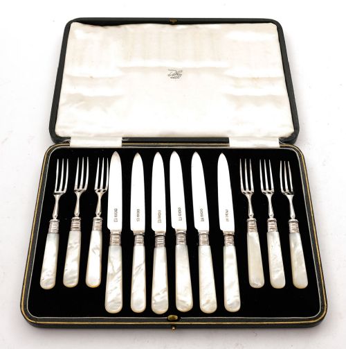 Fabulous Edwardian Mother of Pearl & Silver  Dessert Set - Sheffield 1905