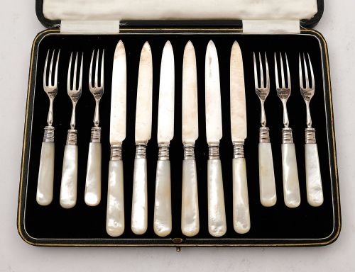 fig 1. Fabulous Edwardian Mother of Pearl & Silver Dessert Set - Sheffield 1905