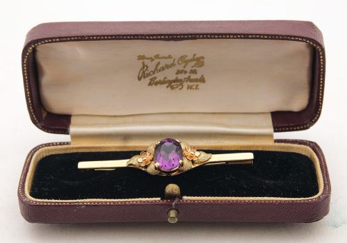 Gorgeous Three Colour Gold and Amethyst Bar Brooch Circa 1900