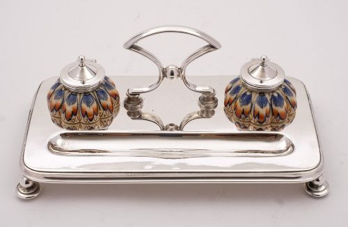 Nice Victorian Silver Plated & China Ink Stand, Circa 1890