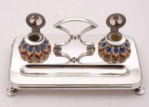 fig 1. Nice Victorian Silver Plated & China Ink Stand, Circa 1890