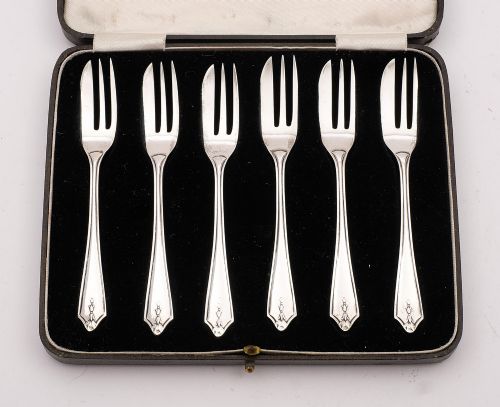 Lovely Cased Set of 6 Silver Art Deco Cake Forks, Birmingham 1938