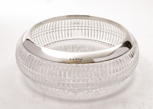 Nice Art Deco Silver Rimmed & Cut Glass Bowl, 1929