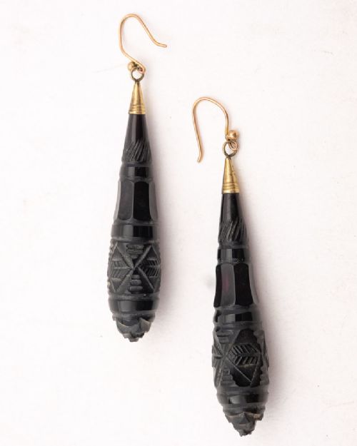 Nice Pair of Victorian Jet Pendant Earrings, Circa 1890