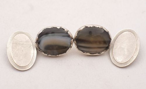Nice Pair of Edwardian Silver & Agate Cufflinks, Circa 1905