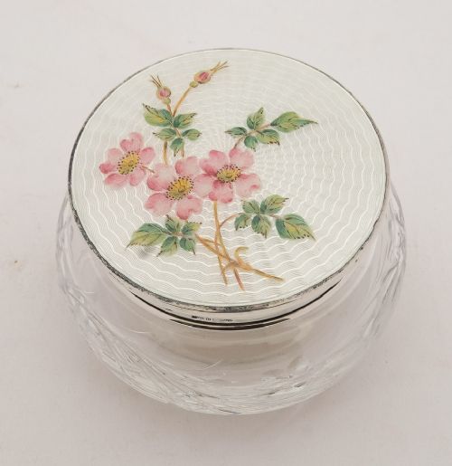 Gorgeous Vintage Enamel & Silver Topped Jar, Birmingham 1951