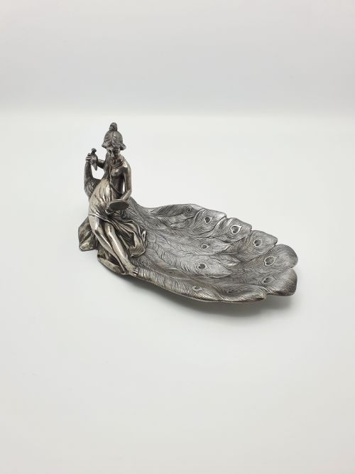fig 1. Continental Antique Art Nouveau Pewter Dish – Lady with Peacock – circa 1900