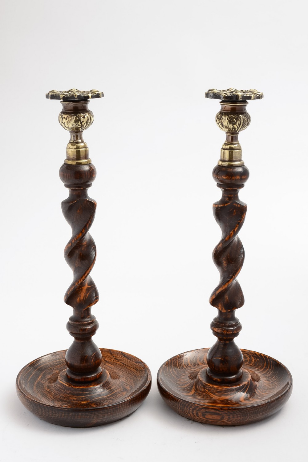Pair of Barley Twist, Oak & Brass Candlestick Holders