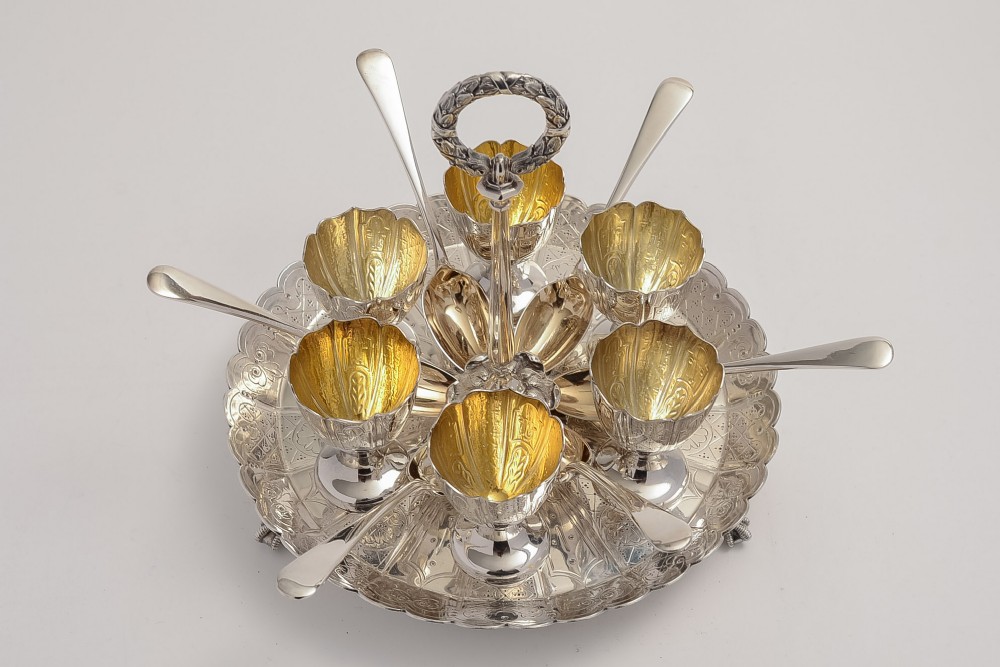 Fabulous Elkington Six Piece Silver Plate Egg Cruet Set