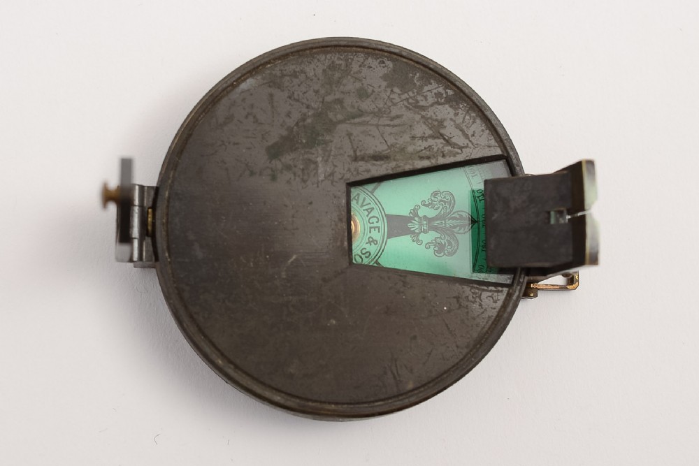 A Edwardian Leather cased brass compass signed Savage & Son, Sandhurst