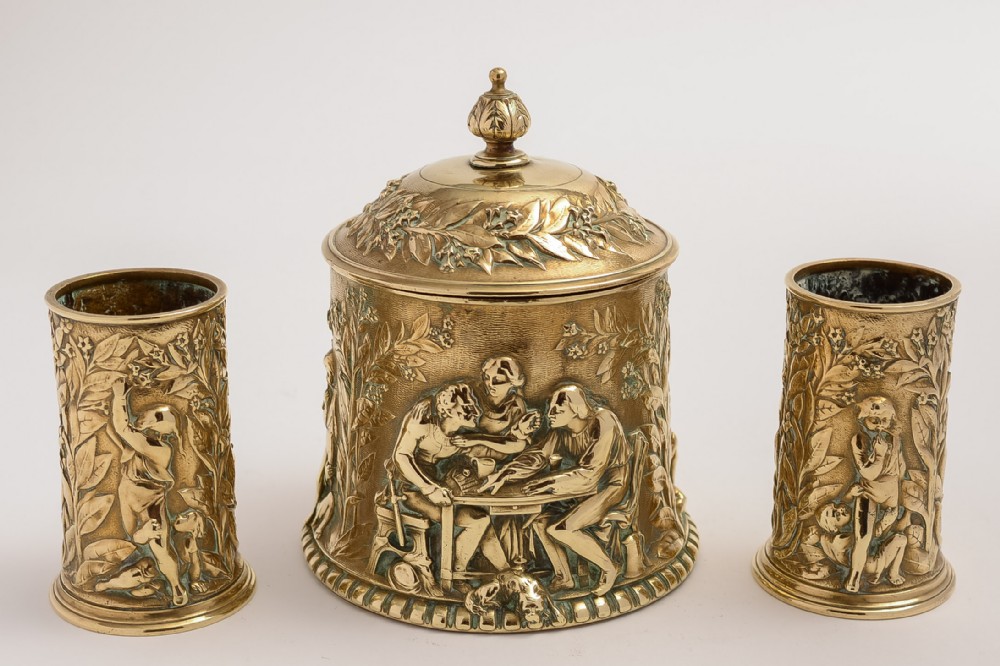 Art Gold Bronze Elkington Tobacco Box with Matching Spill Holders