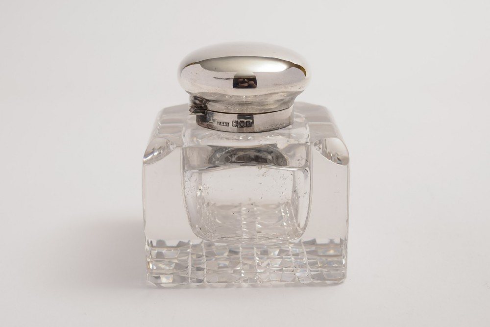 Large cut crystal & sterling silver topped ink pot.