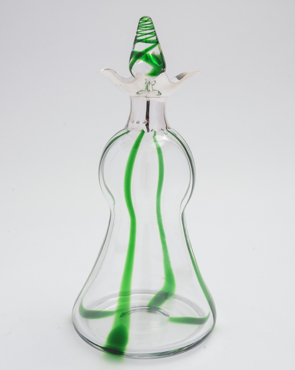Unusual Arts & Crafts style glass and silver neck decanter