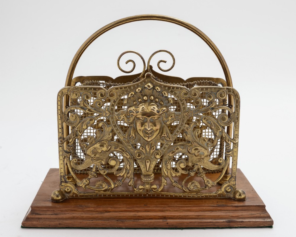 Victorian cast brass letter rack with oak base