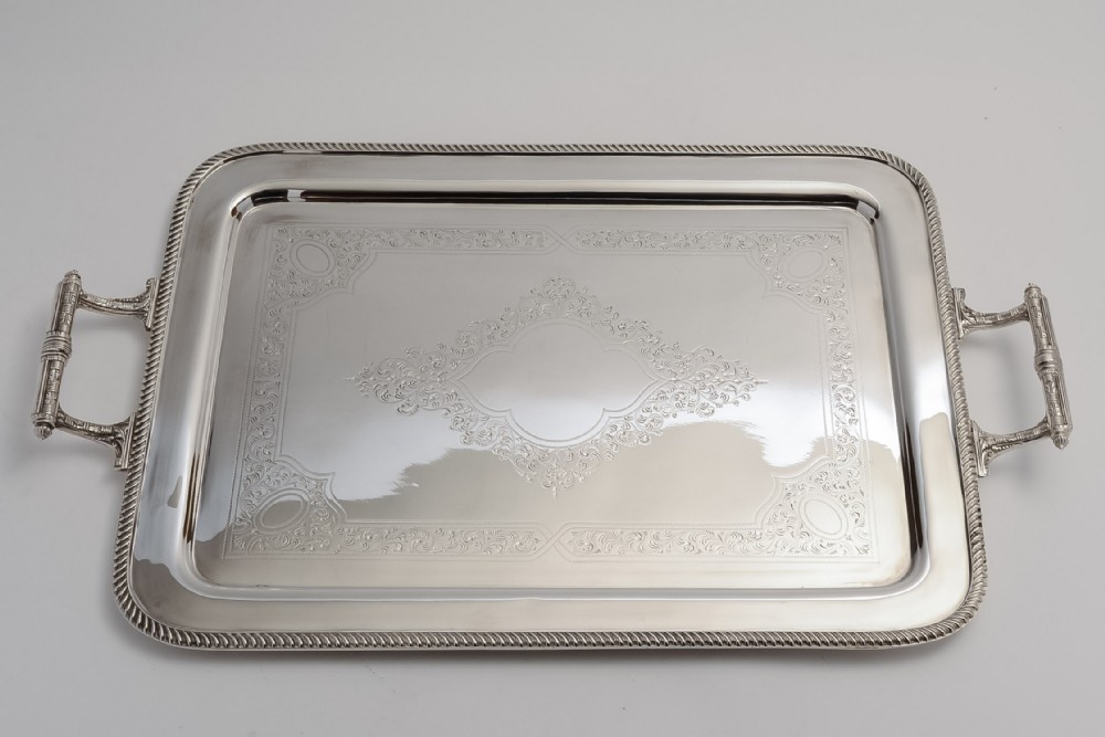 Edwardian Large Oblong Silver Plated Hand-Engraved Tray with Handles, Circa 1900