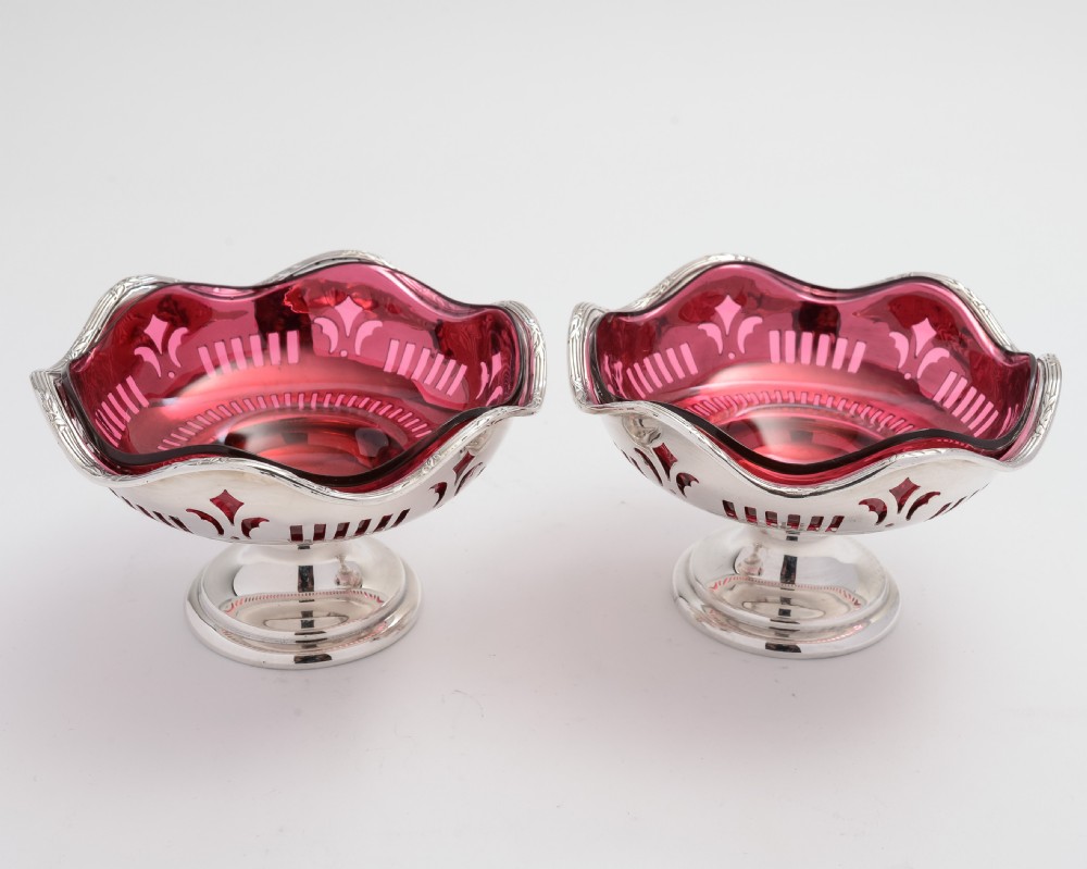Pair of Mappin & Webb Silver Plated Bon Bon Dishes with Cranberry Liners