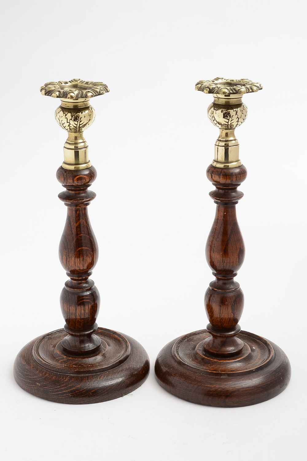 Pair of Baluster Oak Turned Candlesticks, circa 1920