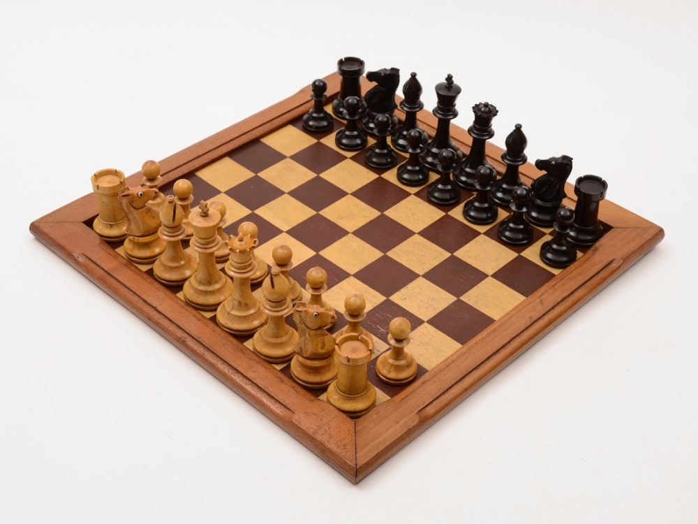 Edwardian Stained Box Wood Chess Set with Glass Eyes