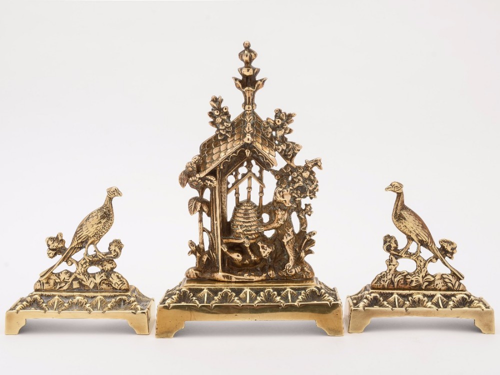 Tri Brass Garniture of Beehive, Bear and Pheasants, Circa 1880