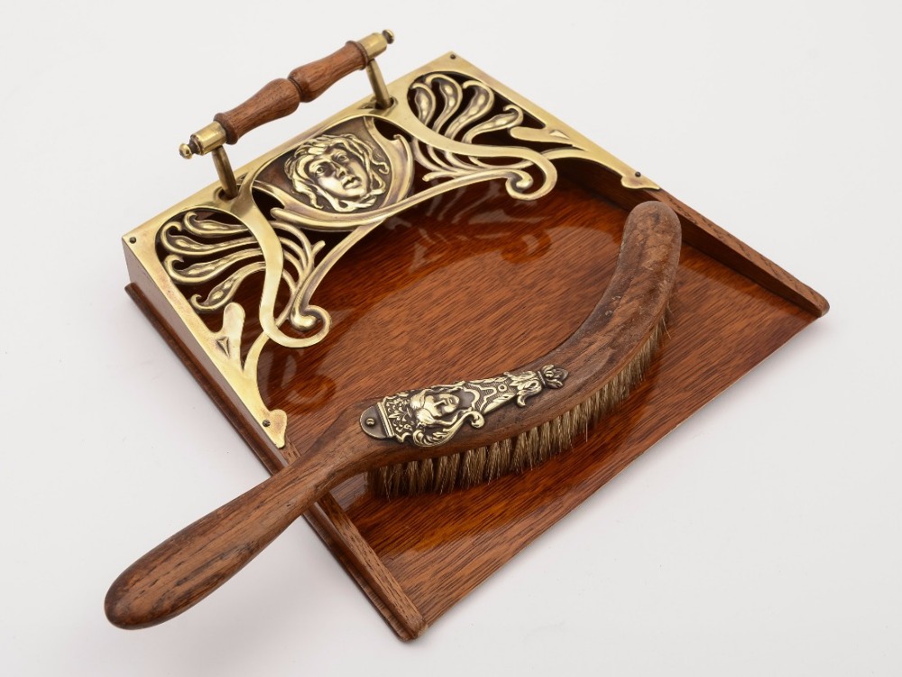 Art Nouveau Oak and Brass Crumb Tray and Brush, Circa 1900