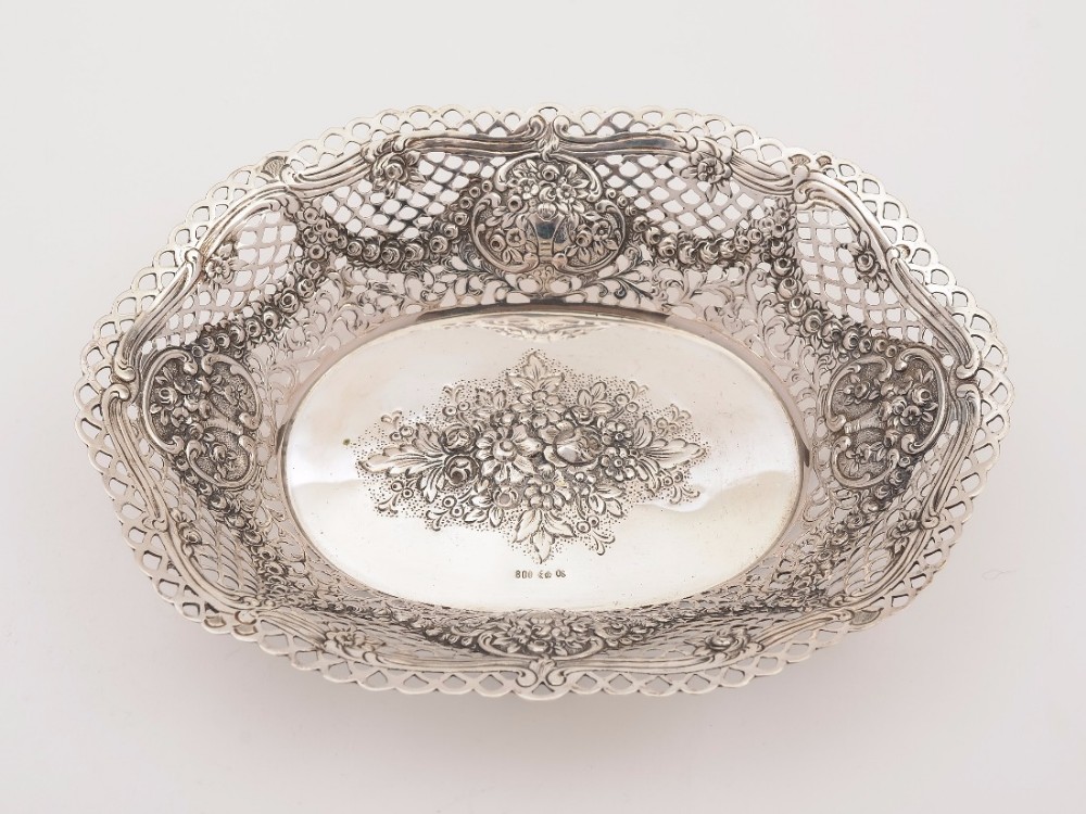 German .800 Silver Embossed Basket, Circa 1900