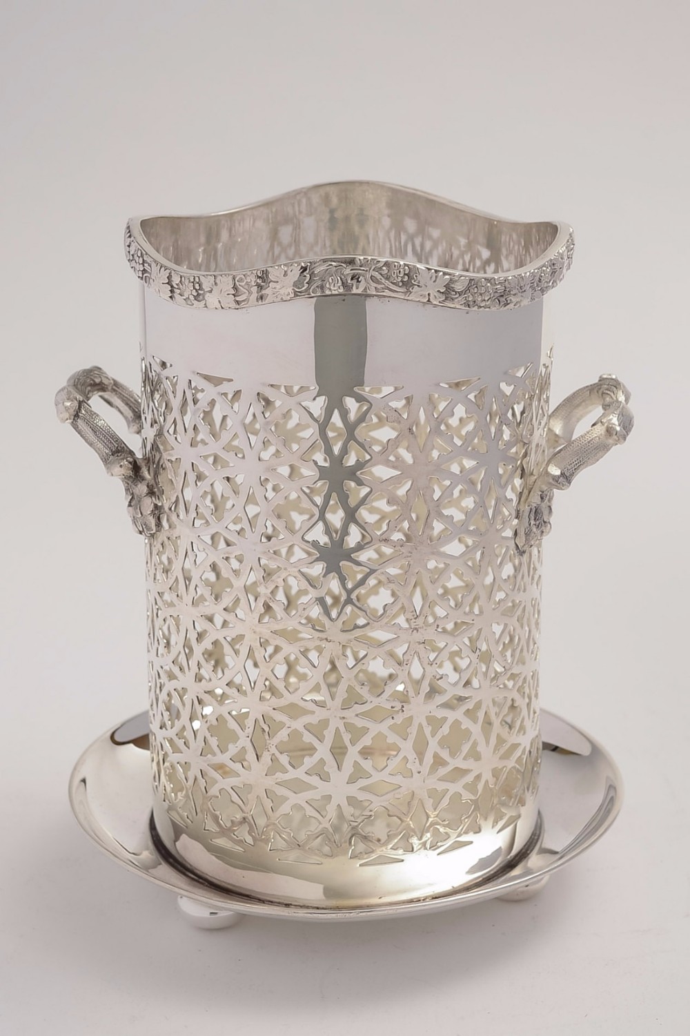 Edwardian Pierced and Embossed Silver Plated Wine Bottle Holder