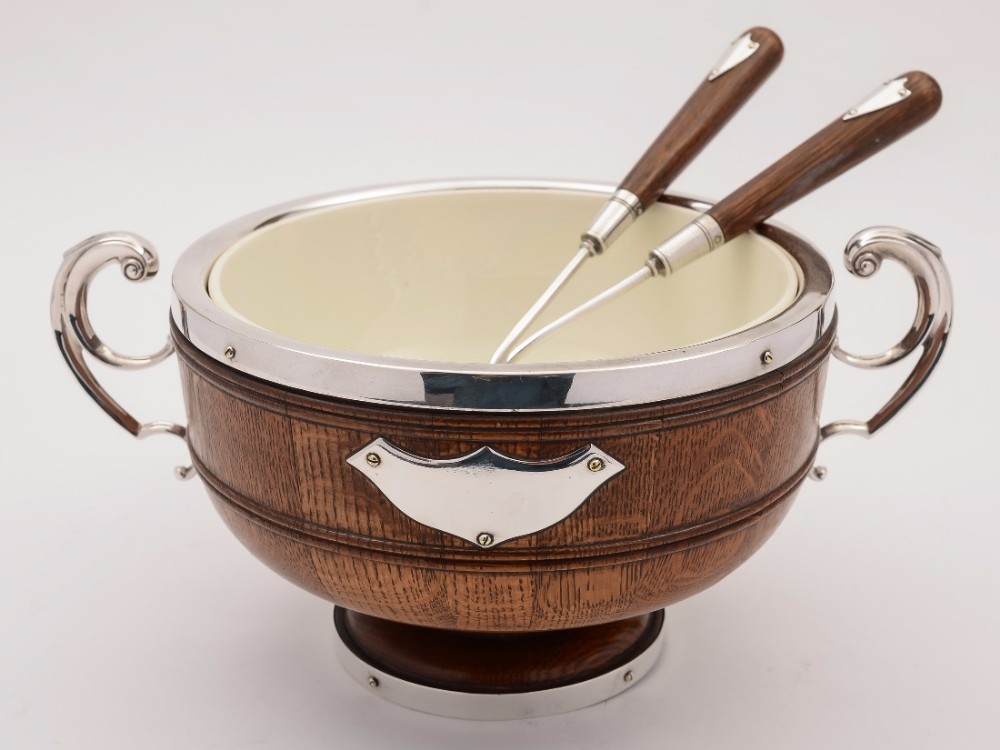 Victorian Trophy Style Oak Salad Bowl and Servers, Circa 1890