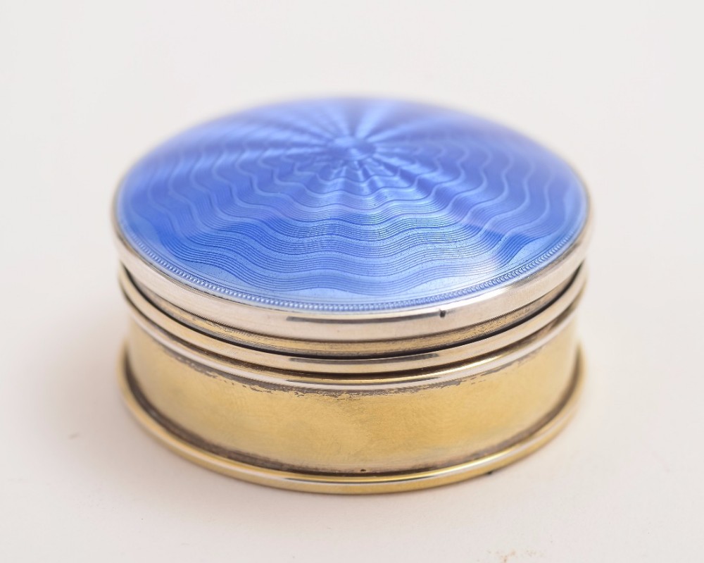Silver Pill Box with Blue Guilloche Enamel Top, Birmingham 1923
