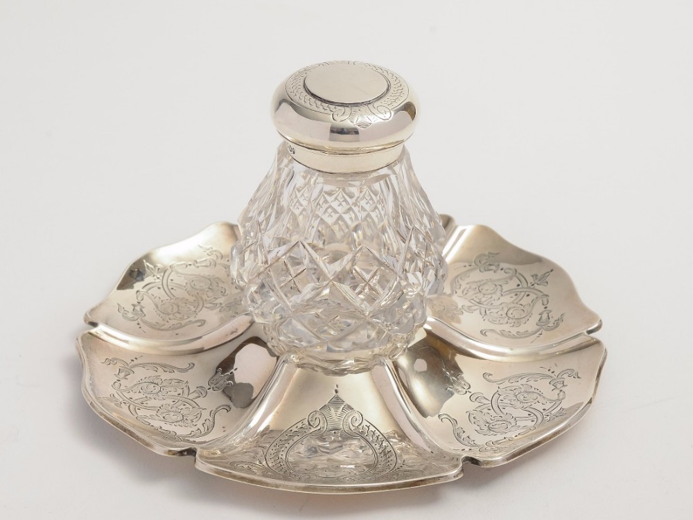 Victorian Silver & Cut Glass Ink Stand, 1876