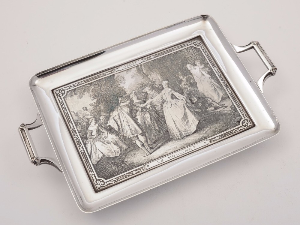 French Silver Plated, Copper Engraved Tray, Circa 1920
