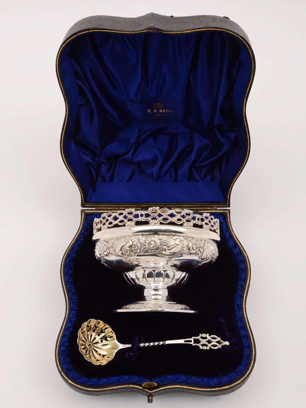 Edwardian Cased Sugar Bowl  and Sifter Spoon, 1906