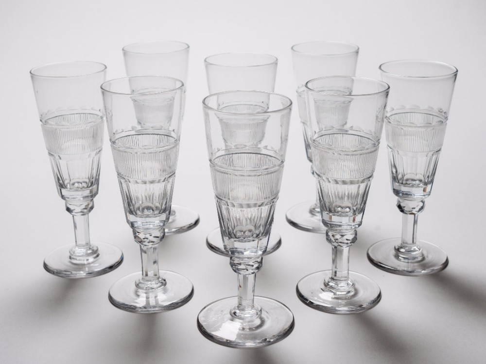 Set of 8 Edwardian Cut Glass Champagne Flutes, Circa 1905
