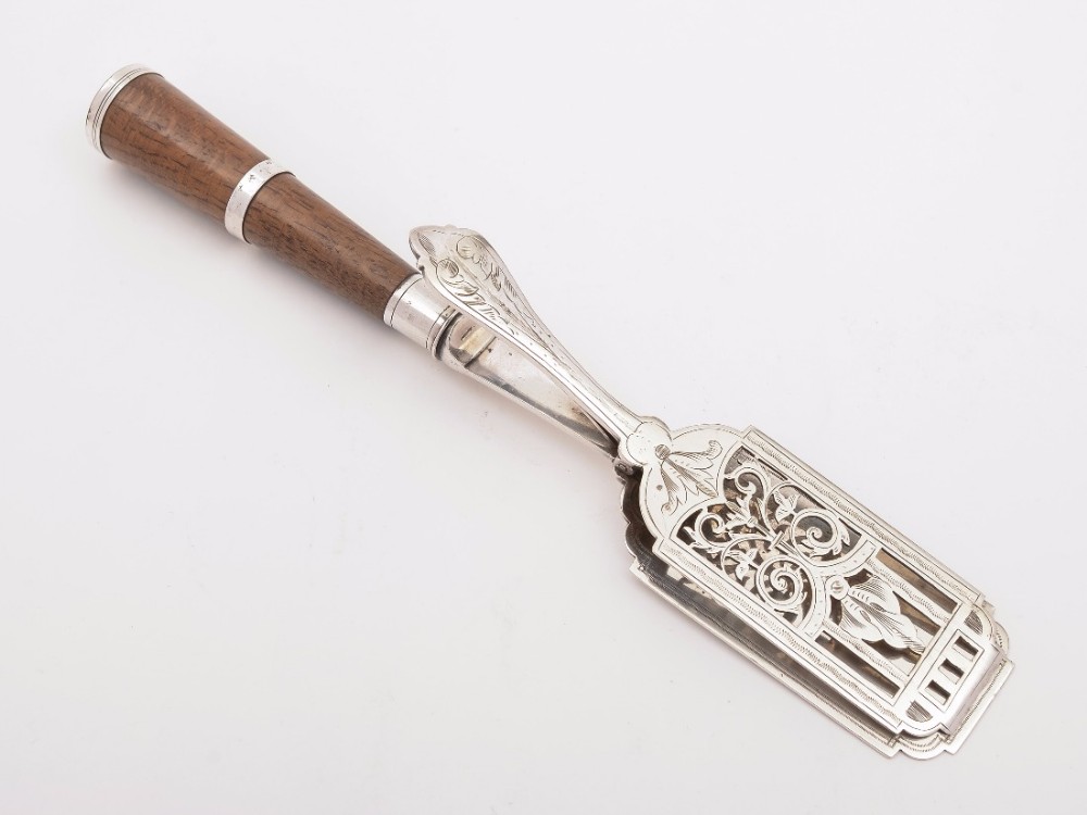 Victorian Oak and Silver Plated Serving Tongs, Circa 1890